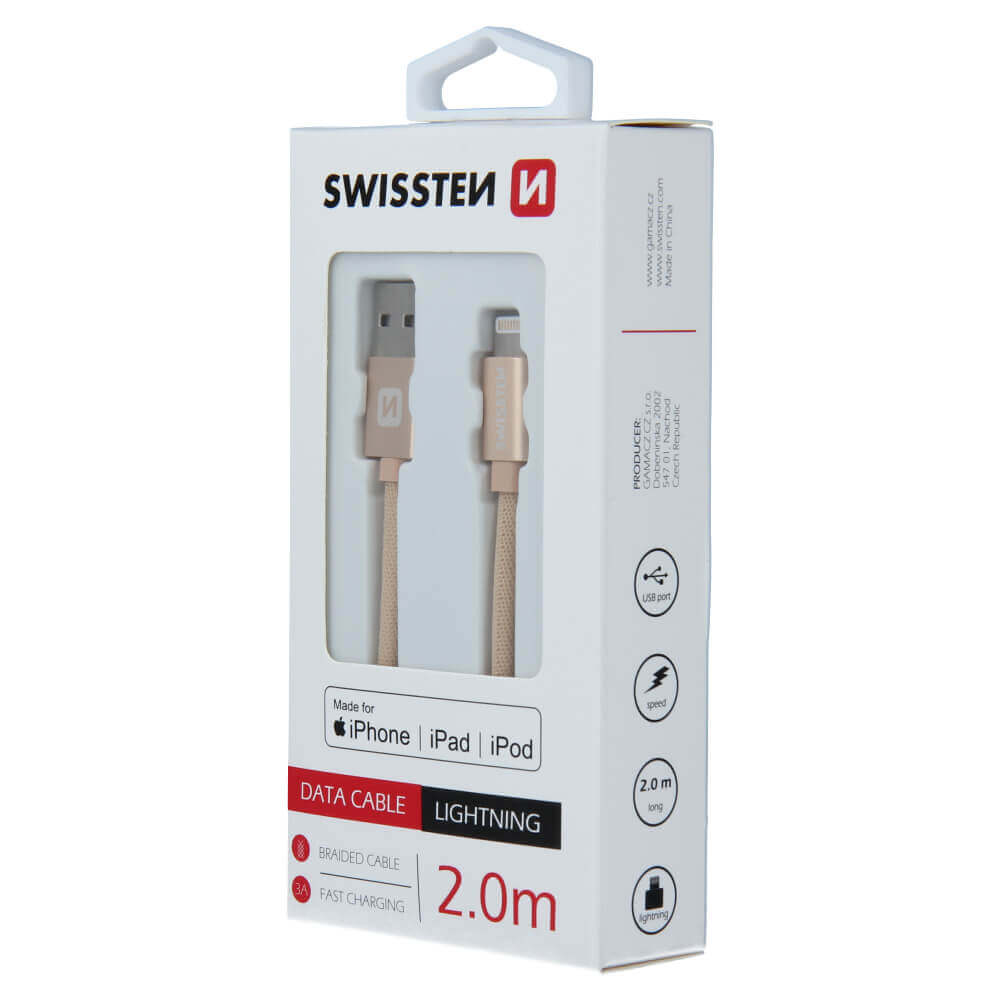 Textilný dátový kábel Swissten USB / LIGHTNING MFi 2,0 M  - zlatý